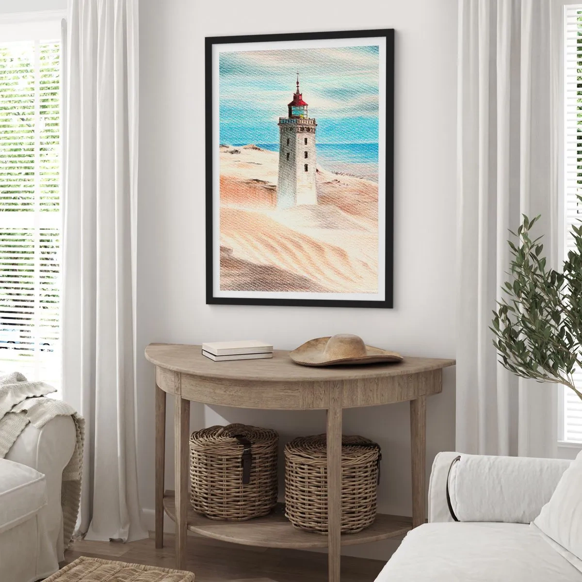 Pôster com moldura preta - Um farol com dunas de areia e um céu azul como pano de fundo - 50x70cm - Sempre a olhar para o mar - Decoração de parede moderna para a sala de estar e quarto ARTTOR