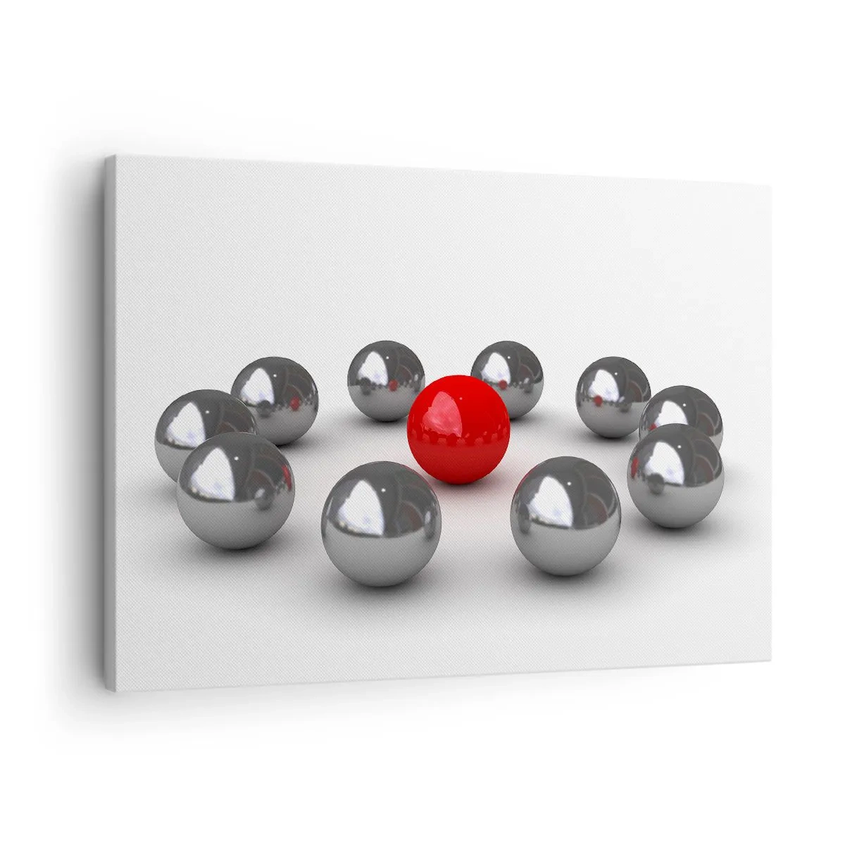 Quadro em tela - Uma bola vermelha cercada por bolas prateadas em um fundo branco - 70x50cm - Círculo em prata e vermelho - Decoração de parede moderna para a sala de estar e quarto ARTTOR