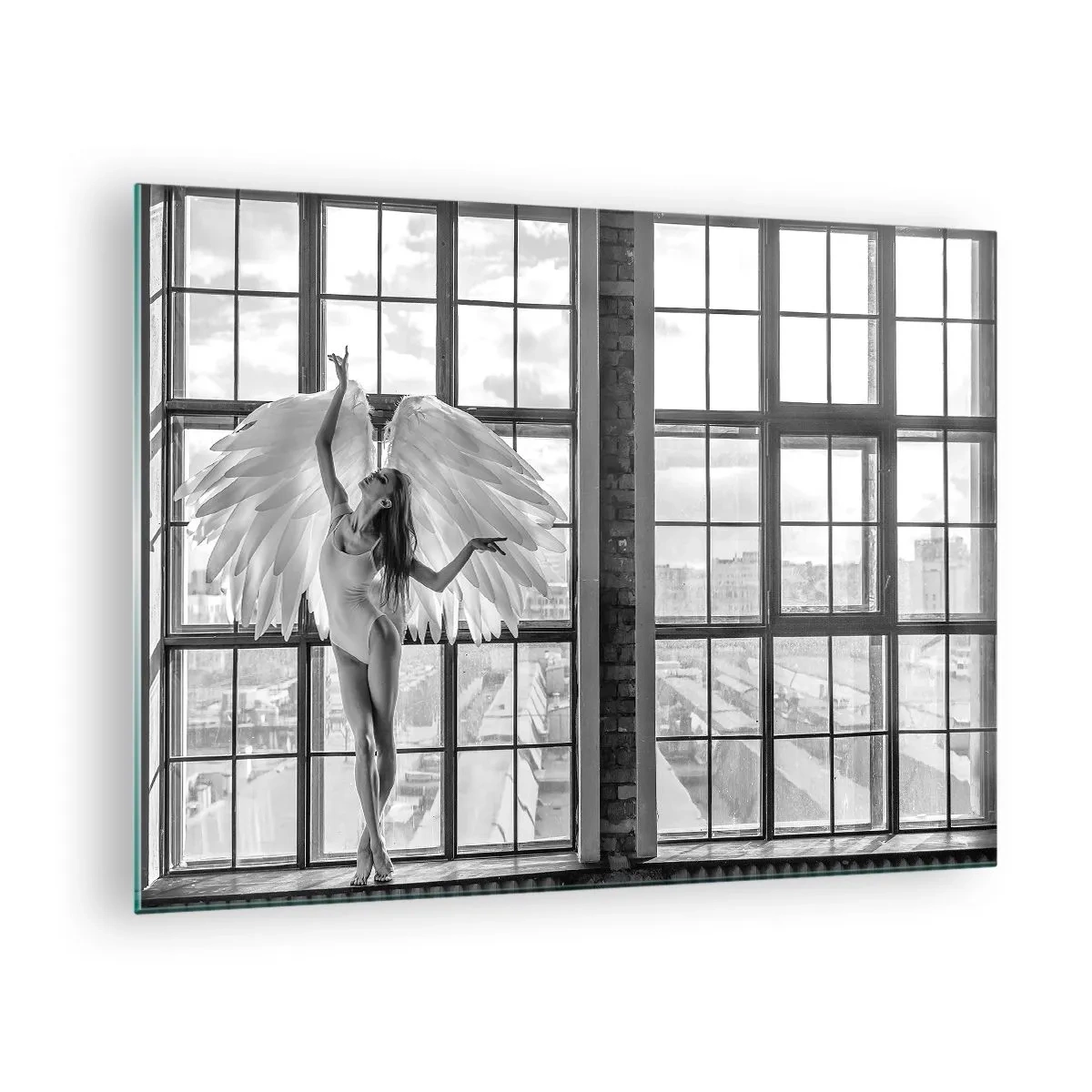 Quadro em vidro - Bailarina com asas de anjo em preto e branco - 70x50cm - Cidade dos Anjos? - Decoração de parede moderna para a sala de estar e quarto ARTTOR