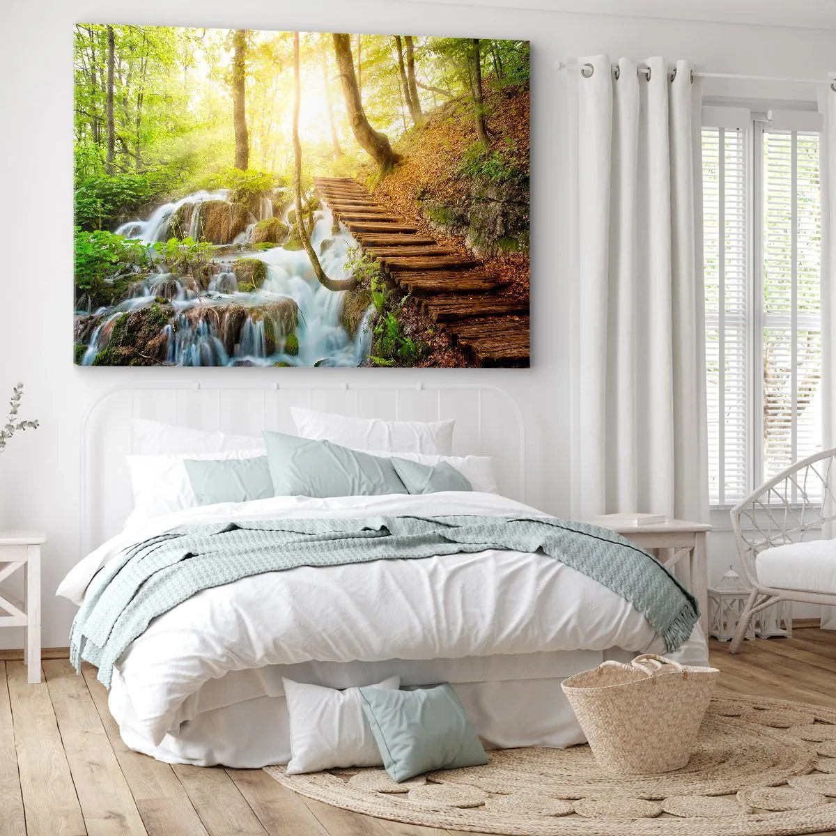 Quadro em tela - Caminho na floresta com escadas de madeira perto da cachoeira - 70x50cm - O desejado refresco - Decoração de parede moderna para a sala de estar e quarto ARTTOR