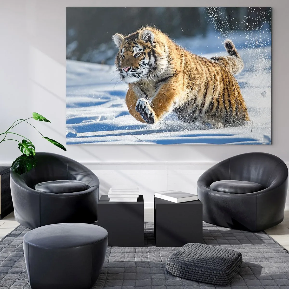 Quadro em vidro - Um tigre siberiano corre pela neve em uma paisagem de inverno. - 70x50cm - O deus da taiga siberiana - Decoração de parede moderna para a sala de estar e quarto ARTTOR