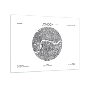 Quadro em vidro - Um mapa detalhado de Londres em estilo gráfico preto e branco. - 70x50cm - Anatomia de Londres - Decoração de parede moderna para a sala de estar e quarto ARTTOR