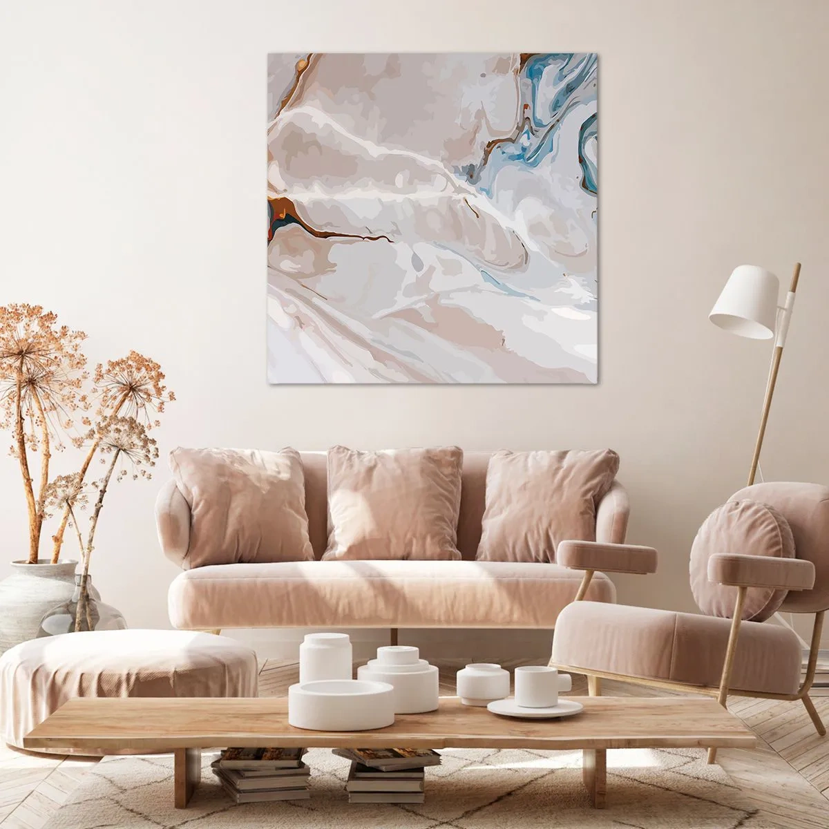 Quadro em tela - Meandros azuis sob branco - 50x50 cm