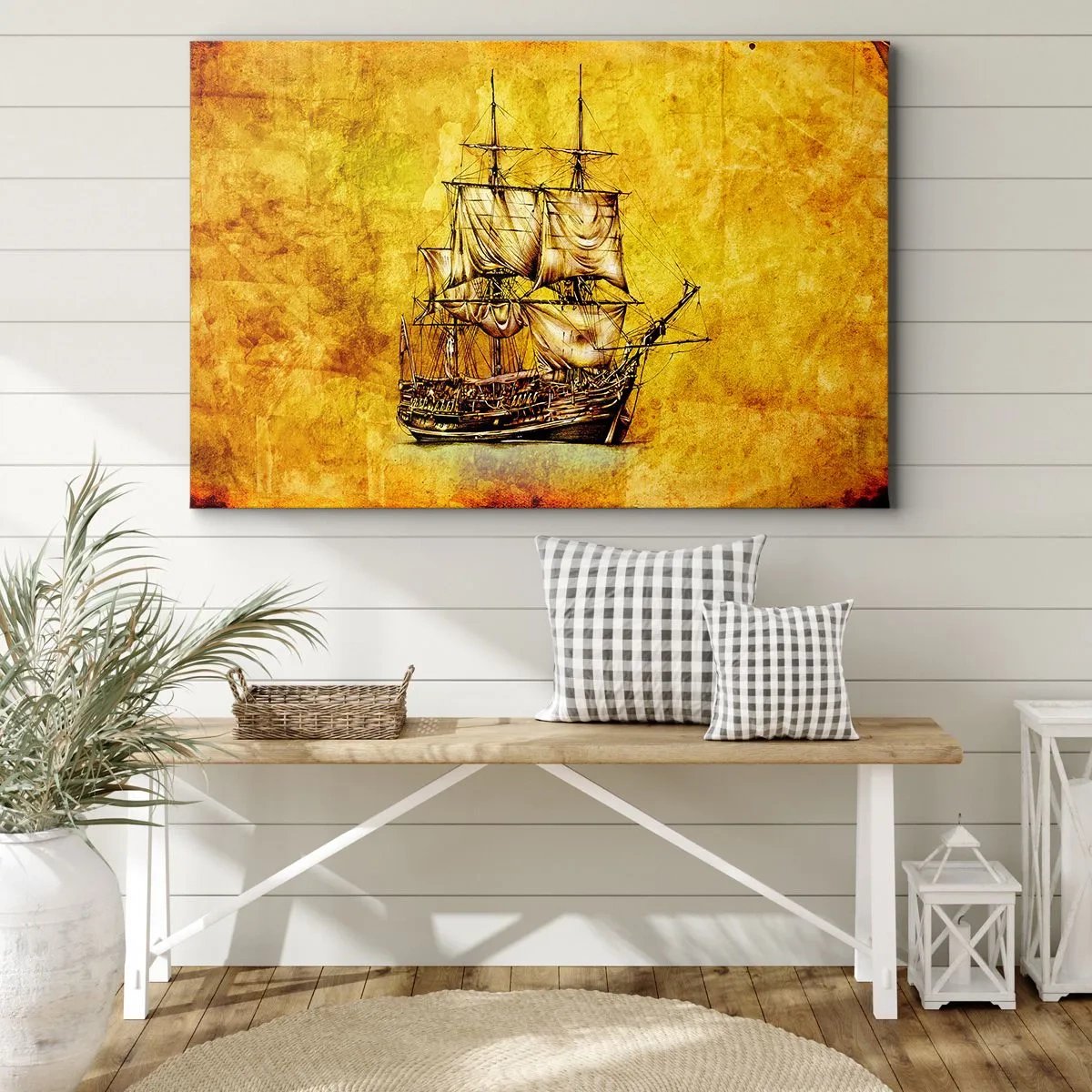 Quadro em tela - Um desenho estilizado de um veleiro em um fundo dourado com um toque vintage. - 70x50cm - Direção Tortuga! - Decoração de parede moderna para a sala de estar e quarto ARTTOR