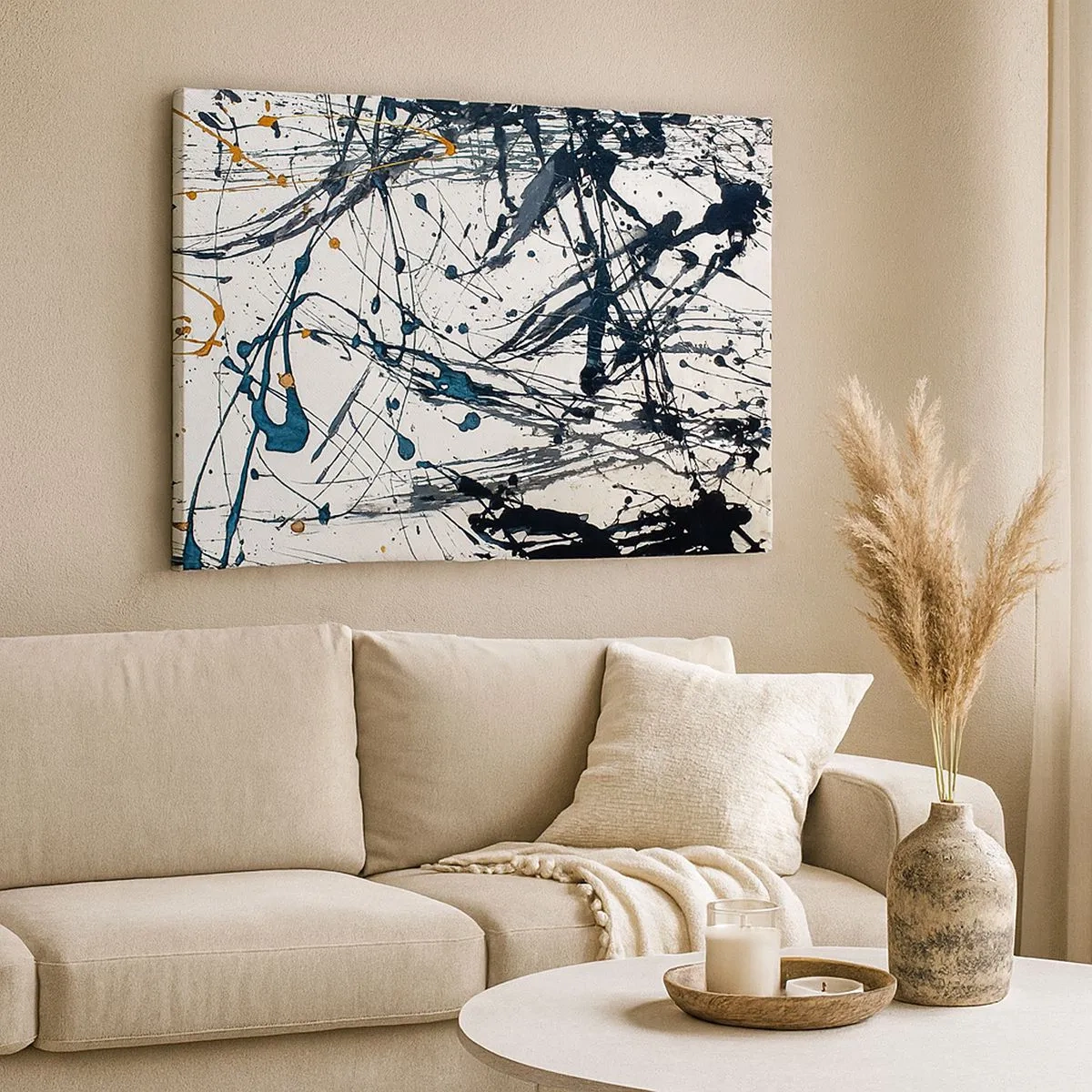 Quadro em tela - Uma pintura abstrata com respingos de tinta em padrões dinâmicos. - 70x50cm - Abstração expressionista - Decoração de parede moderna para a sala de estar e quarto ARTTOR