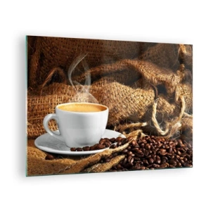Quadro em vidro - Uma xícara de café com grãos em um fundo de juta - 70x50cm - O cheiro de moka e a densidade do líquido de mel - Decoração de parede moderna para a sala de estar e quarto ARTTOR