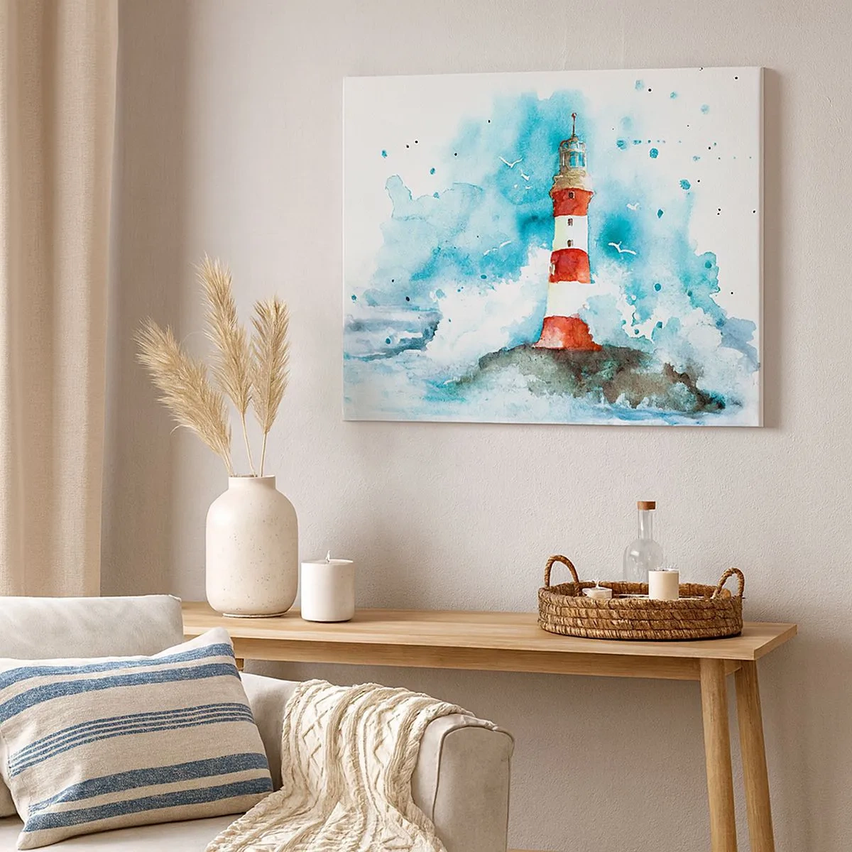 Quadro em tela - Um farol em um cenário de aquarela com fundo azul - 70x50cm - Unidade dos elementos da natureza - Decoração de parede moderna para a sala de estar e quarto ARTTOR