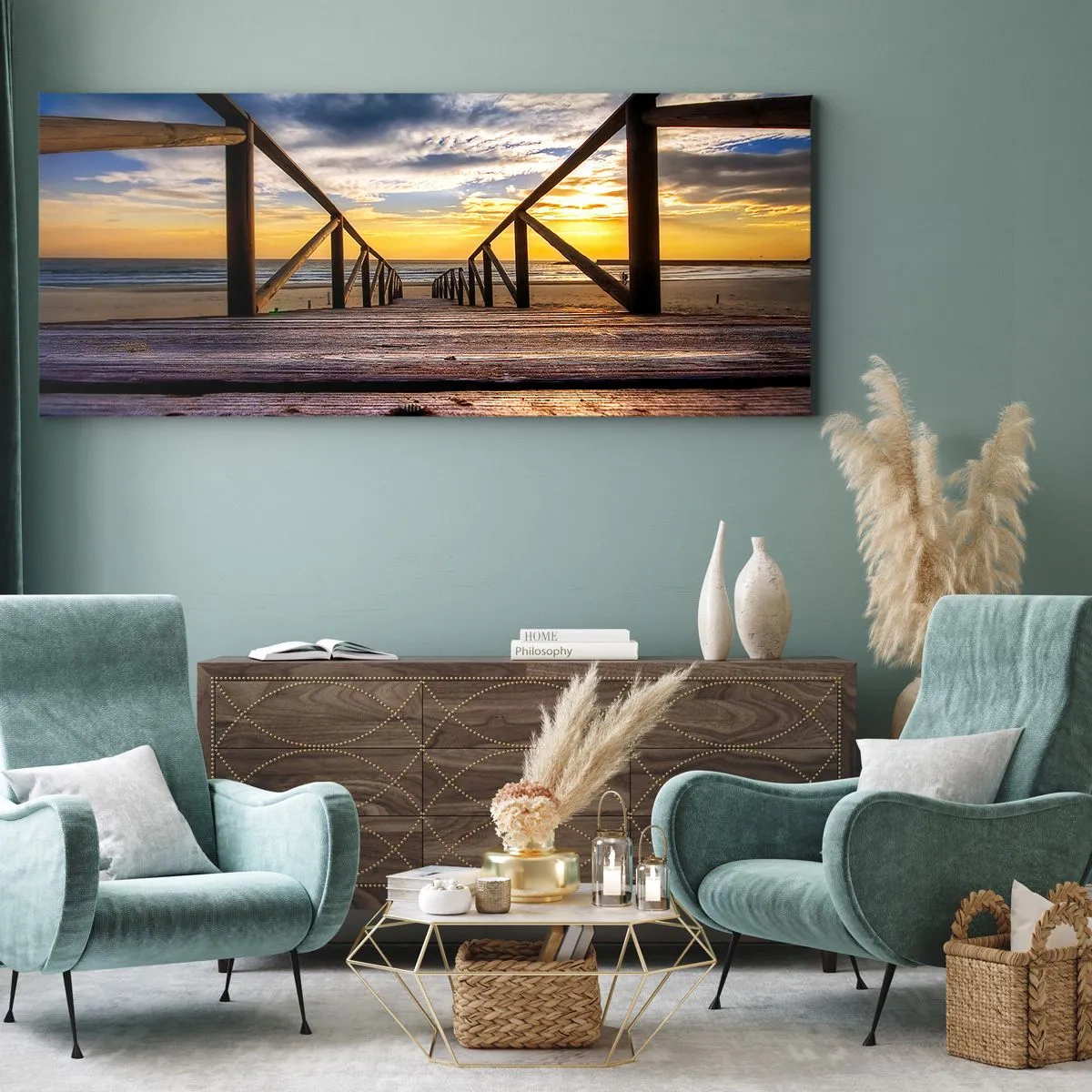 Quadro em tela - Direto para a praia tranquila ao pôr do sol - 140x50 cm