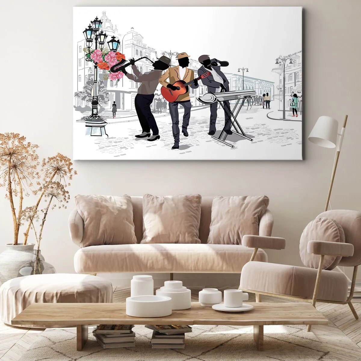 Quadro em tela - Músicos de rua tocando tendo como pano de fundo uma paisagem urbana - 70x50cm - Música de rua - Decoração de parede moderna para a sala de estar e quarto ARTTOR