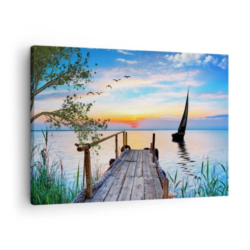 Quadro em tela - Píer do lago com barco e pôr do sol - 70x50cm - Boa noite - Decoração de parede moderna para a sala de estar e quarto ARTTOR