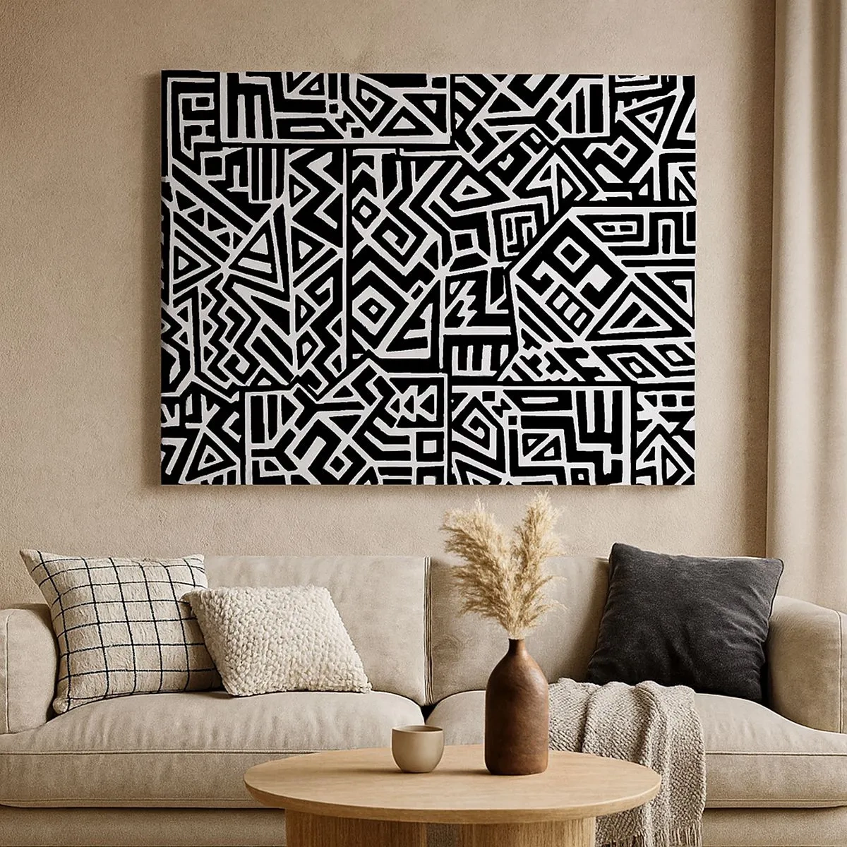 Quadro em tela - Padrões geométricos em preto e branco inspirados na cultura pré-colombiana - 70x50cm - Composição pré-colombiana - Decoração de parede moderna para a sala de estar e quarto ARTTOR