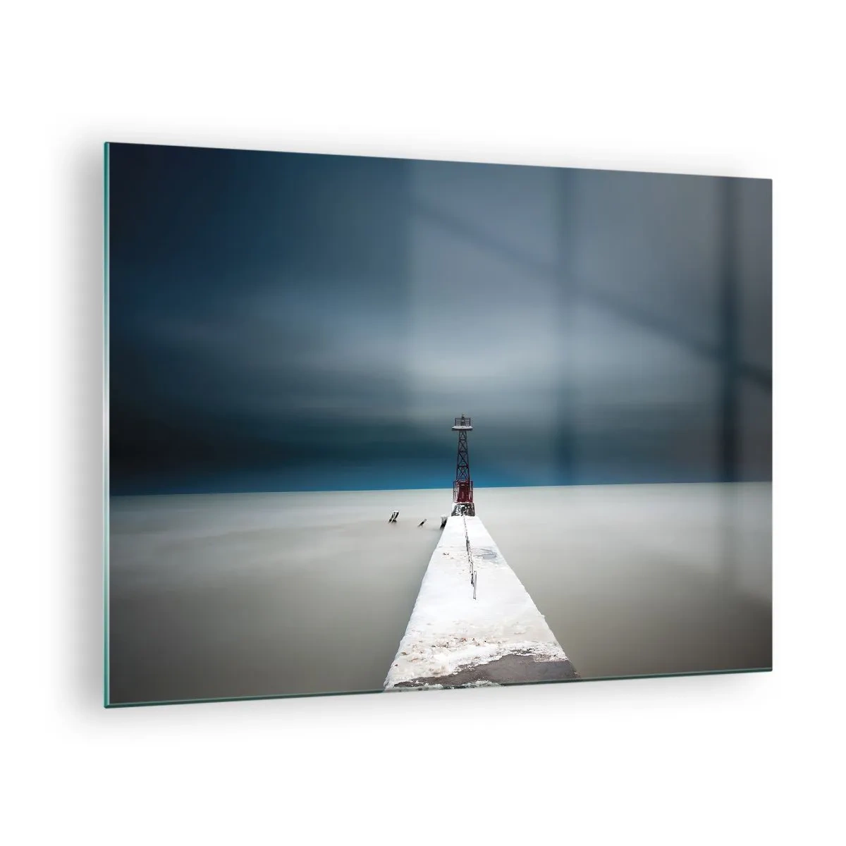 Quadro em vidro - Um píer minimalista que leva ao farol com o mar e o céu como pano de fundo - 70x50cm - Ao encontro do infinito - Decoração de parede moderna para a sala de estar e quarto ARTTOR