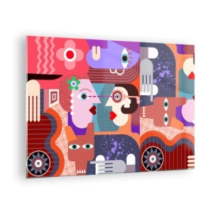 Quadro em vidro - Uma composição abstrata de rostos e formas em cores intensas. - 70x50cm - Olho no olho - Decoração de parede moderna para a sala de estar e quarto ARTTOR