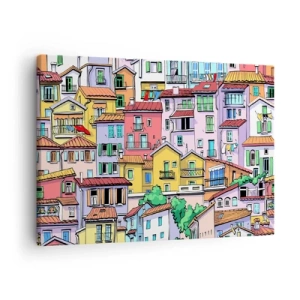 Quadro em tela - Casas coloridas em um estilo alegre e animado - 70x50cm - Cidade divertida - Decoração de parede moderna para a sala de estar e quarto ARTTOR