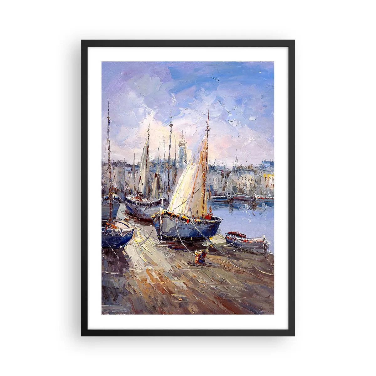 Pôster com moldura preta - Veleiros em um porto pitoresco iluminado pelos raios do sol - 50x70cm - Uma cidade à beira da baía - Decoração de parede moderna para a sala de estar e quarto ARTTOR