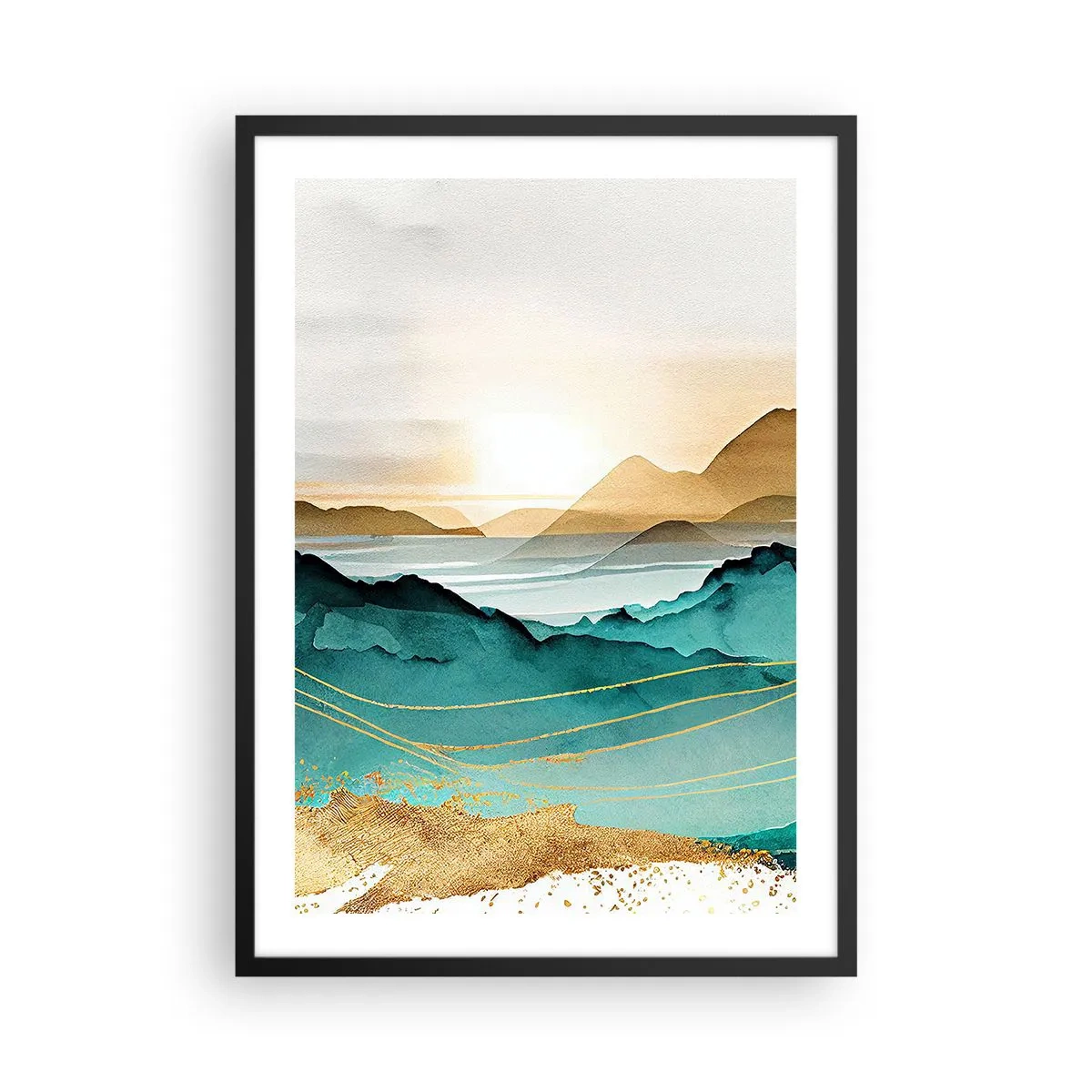 Pôster com moldura preta - Uma pitoresca paisagem montanhosa em tons de turquesa e dourado - 50x70cm - À beira da abstração – paisagem - Decoração de parede moderna para a sala de estar e quarto ARTTOR