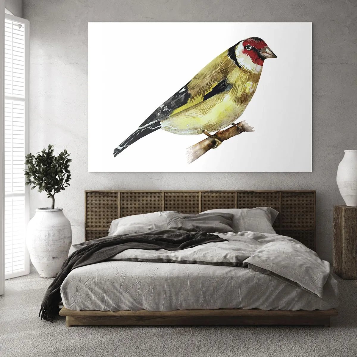 Quadro em vidro - Pássaro em aquarela em um galho em cores delicadas - 70x50cm - Retrato de um pássaro - Decoração de parede moderna para a sala de estar e quarto ARTTOR
