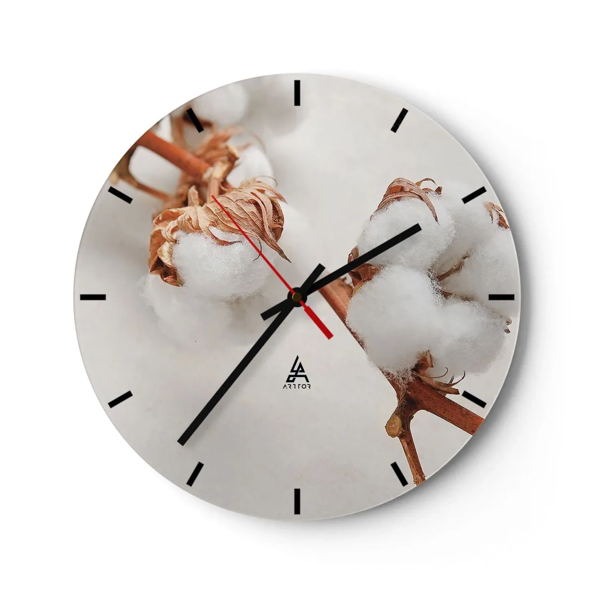 Relógio de parede - Relógio em vidro - Flores de algodão branco e fofo em um fundo claro - 30x30cm - Apenas acaricie - Decoração de parede moderna para a sala de estar, cozinha e quarto ARTTOR