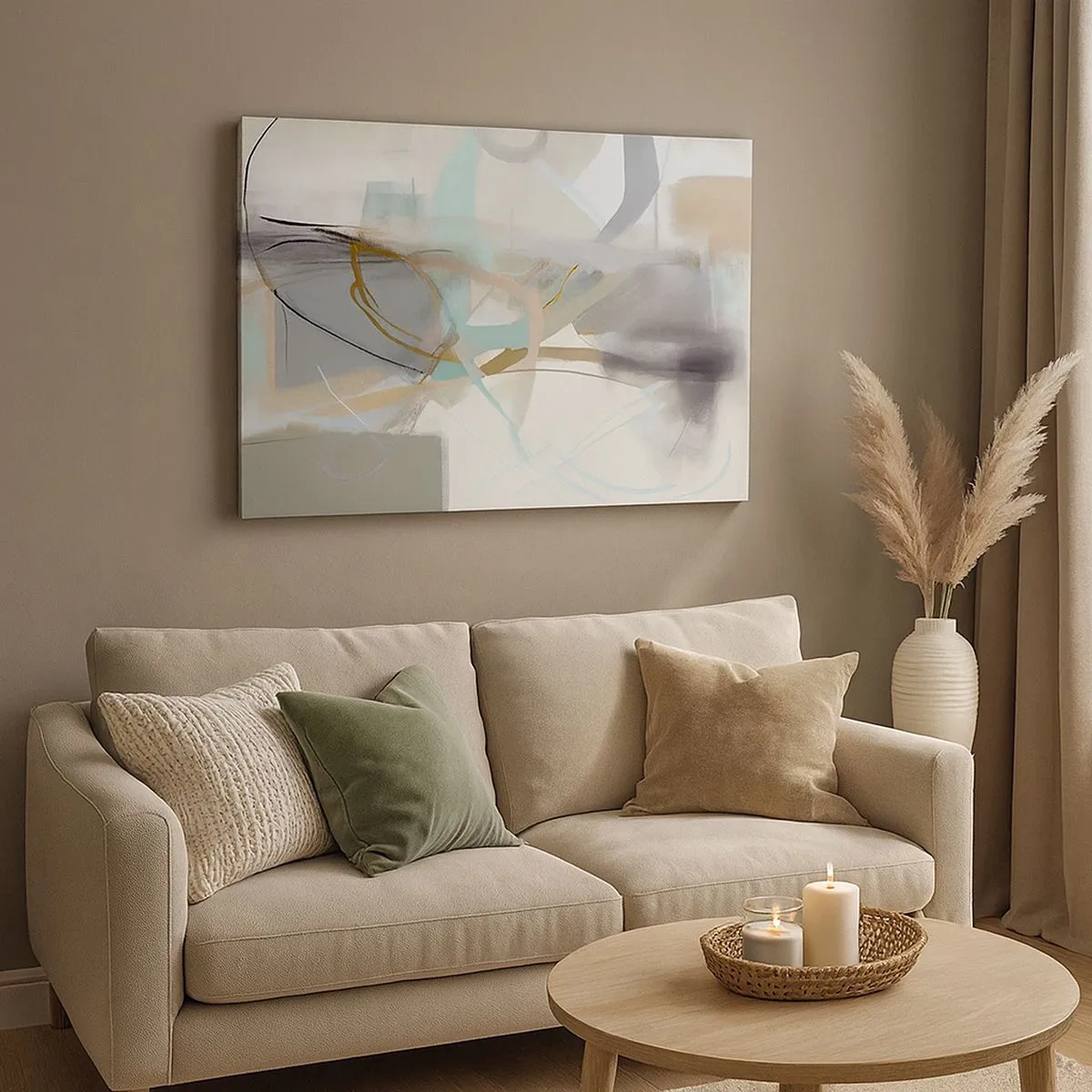 Quadro em tela - Abstração pastel com linhas delicadas - 70x50cm - Abstração enevoada - Decoração de parede moderna para a sala de estar e quarto ARTTOR