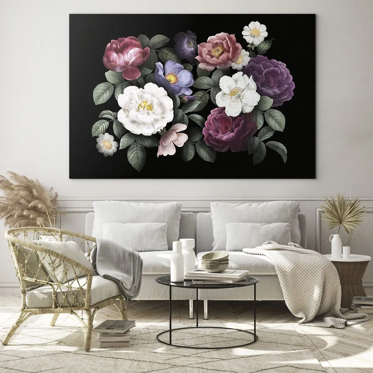 Quadro em vidro - Composição floral com peônias em fundo preto - 70x50cm - Do jardim inglês - Decoração de parede moderna para a sala de estar e quarto ARTTOR