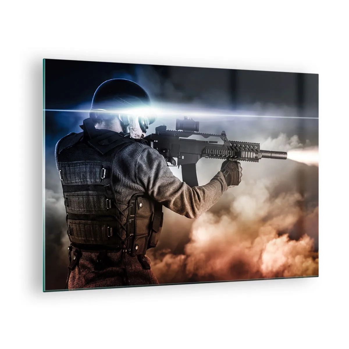 Quadro em vidro - Um soldado em ação disparando um rifle em meio a fumaça. - 70x50cm - Simplesmente um herói - Decoração de parede moderna para a sala de estar e quarto ARTTOR