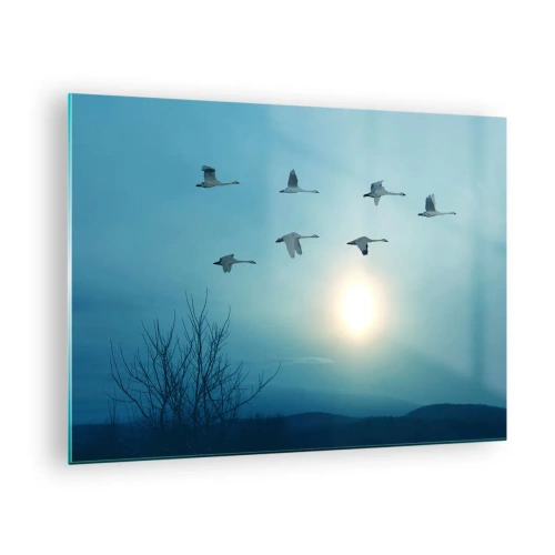 Quadro em vidro - Cisnes voando contra o cenário do pôr do sol e uma paisagem de inverno - 70x50cm - Adeus verão, até o ano que vem - Decoração de parede moderna para a sala de estar e quarto ARTTOR