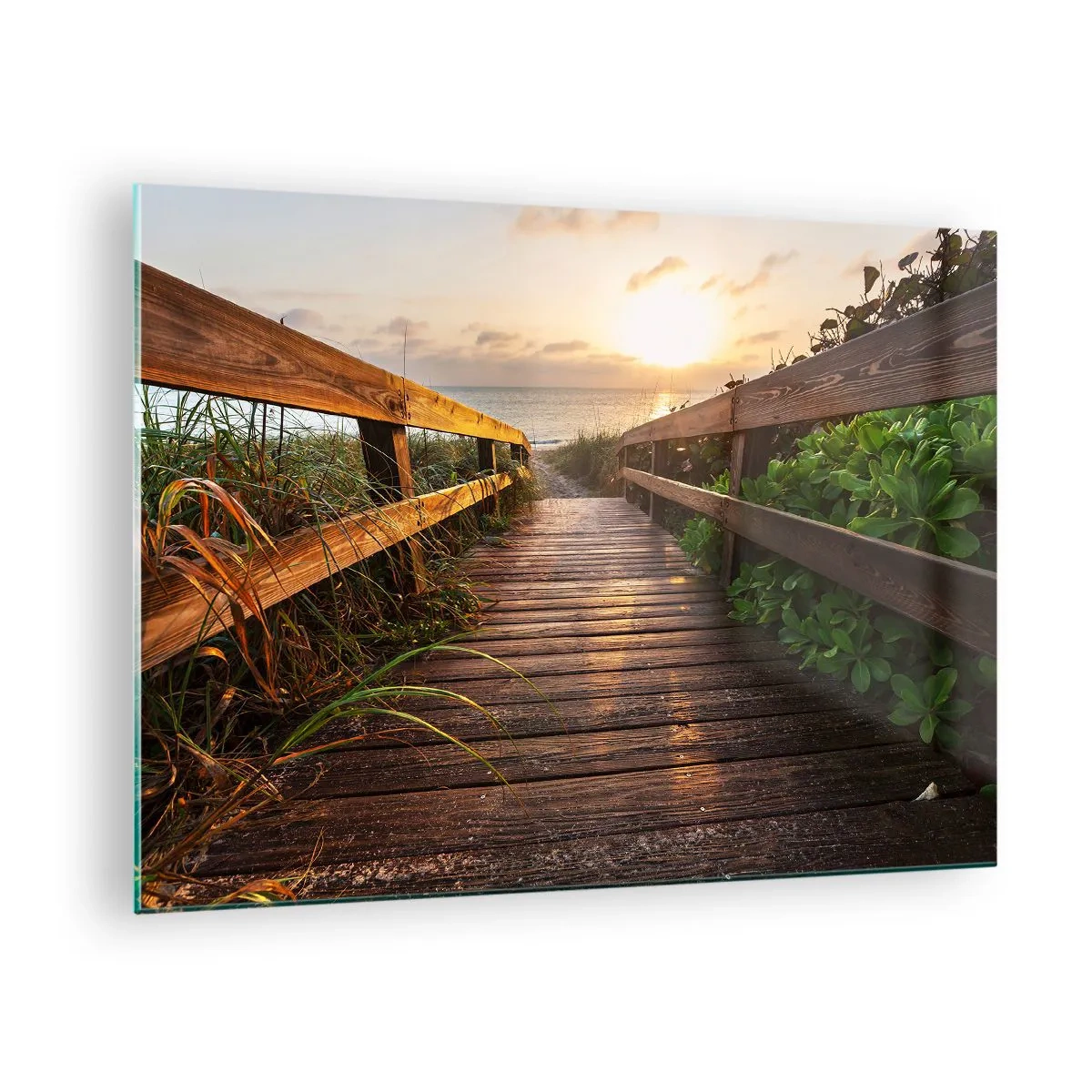 Quadro em vidro - Passarela de madeira que leva à praia ao pôr do sol - 70x50cm - Direto para a costa - Decoração de parede moderna para a sala de estar e quarto ARTTOR