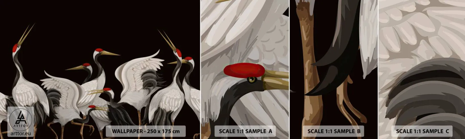 Amostra de Papel de Parede Standard Eco - Assuntos de aves - Guindastes, Pássaros, Pedaço - 100x30 cm