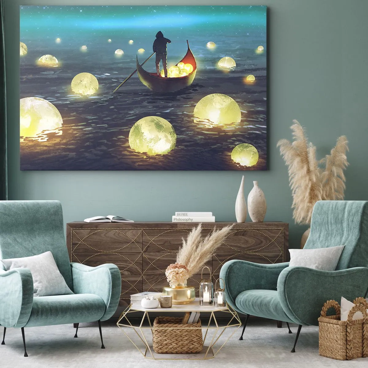 Quadro em tela - Uma figura em um barco cercada por bolas luminosas na água - 70x50cm - Coisas com as quais os filósofos nunca sonharam - Decoração de parede moderna para a sala de estar e quarto ARTTOR
