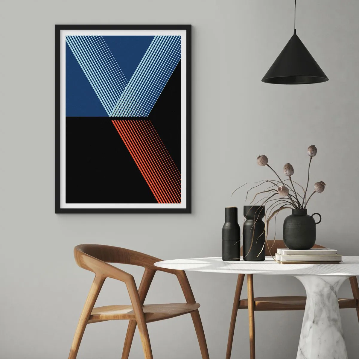 Pôster com moldura preta - Composição abstrata de linhas em azul, preto e vermelho - 50x70cm - Uma história simples - Decoração de parede moderna para a sala de estar e quarto ARTTOR