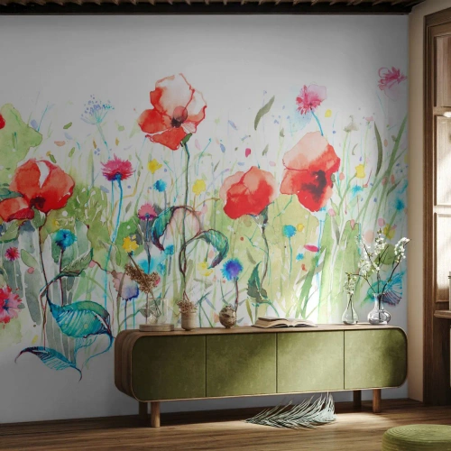 Papel de Parede Standard Eco - Papoulas em aquarela em um prado cheio de flores - 100x70cm - Prado florido de maio - Decoração de parede moderna para a sala de estar e quarto ARTTOR