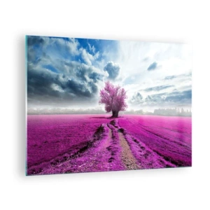 Quadro em vidro - Uma árvore em um campo de urze sob um céu dinâmico - 70x50cm - Charmosa charneca - Decoração de parede moderna para a sala de estar e quarto ARTTOR