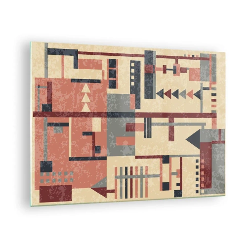 Quadro em vidro - Padrão geométrico abstrato em tons de bege e vermelho - 70x50cm - Combinação de verticais e horizontais - Decoração de parede moderna para a sala de estar e quarto ARTTOR