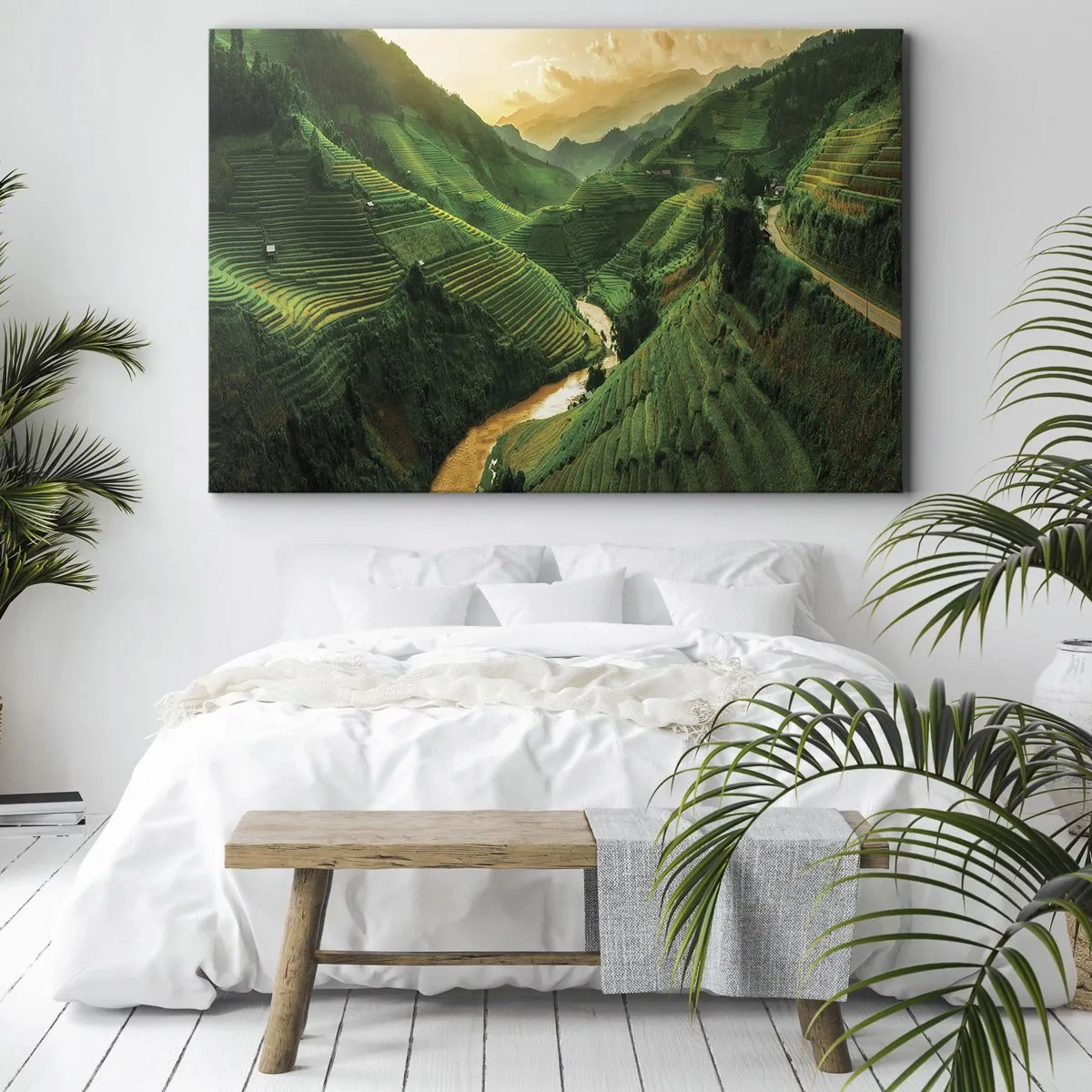 Quadro em tela - Pitorescos terraços de arroz em um vale verde iluminado pelo pôr do sol - 70x50cm - Vale vietnamita - Decoração de parede moderna para a sala de estar e quarto ARTTOR
