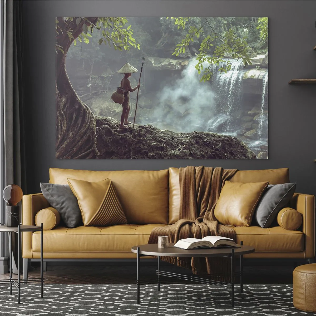 Quadro em vidro - Um menino com uma lança em uma cachoeira na floresta tropical - 70x50cm - Amigo da natureza - Decoração de parede moderna para a sala de estar e quarto ARTTOR