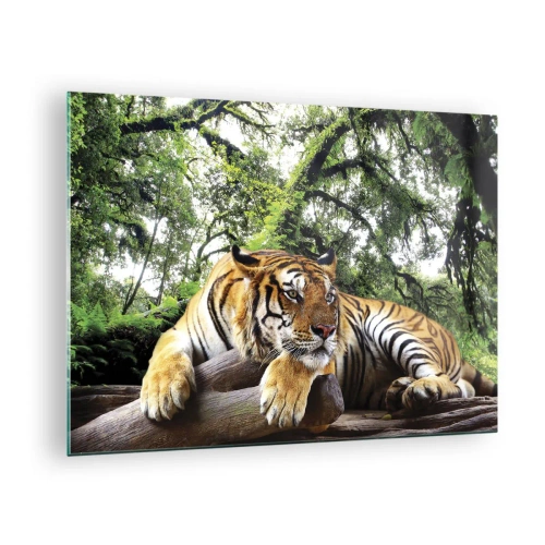 Quadro em vidro - Um tigre descansando em uma floresta tropical verde - 70x50cm - Com os melhores cumprimentos - Decoração de parede moderna para a sala de estar e quarto ARTTOR
