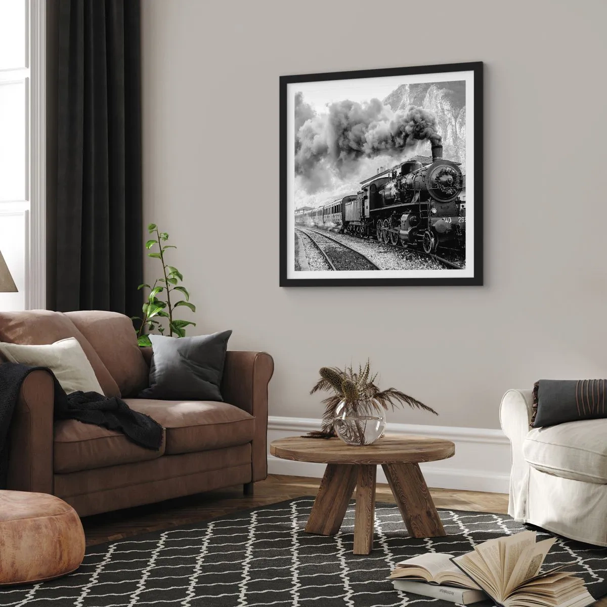 Pôster com moldura preta - À espera na estação... - 40x40 cm