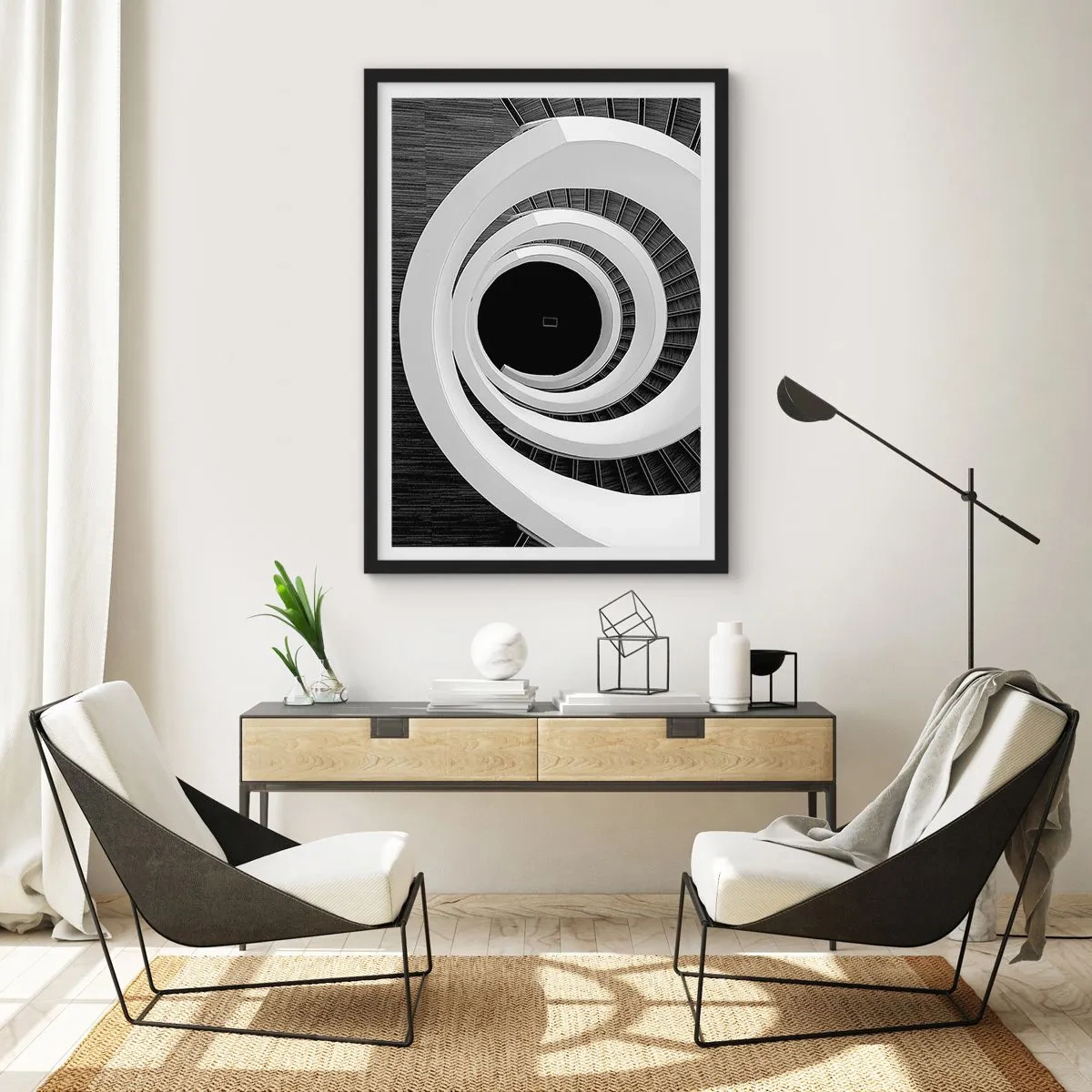 Pôster com moldura preta - Uma escada em espiral em preto e branco com um design abstrato - 50x70cm - Ao âmago - Decoração de parede moderna para a sala de estar e quarto ARTTOR