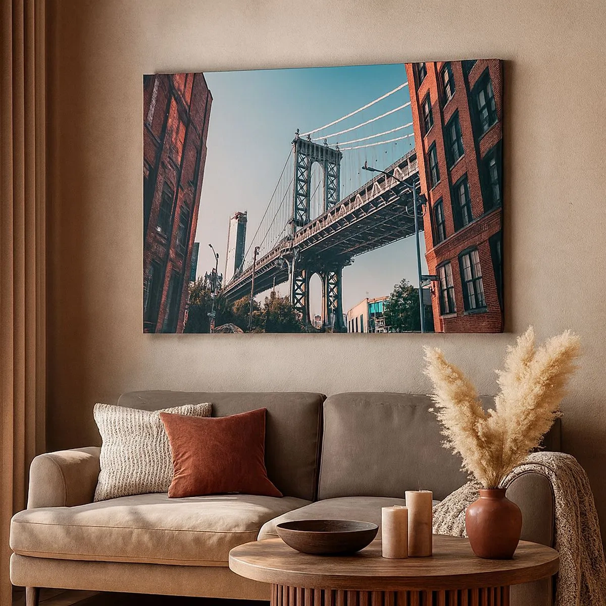 Quadro em tela - Uma ponte entre edifícios em uma paisagem urbana - 70x50cm - Sobre as ondas da cidade - Decoração de parede moderna para a sala de estar e quarto ARTTOR
