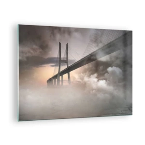 Quadro em vidro - Uma ponte na neblina com um céu dramático e perspectiva de profundidade - 70x50cm - No rio que não existe - Decoração de parede moderna para a sala de estar e quarto ARTTOR