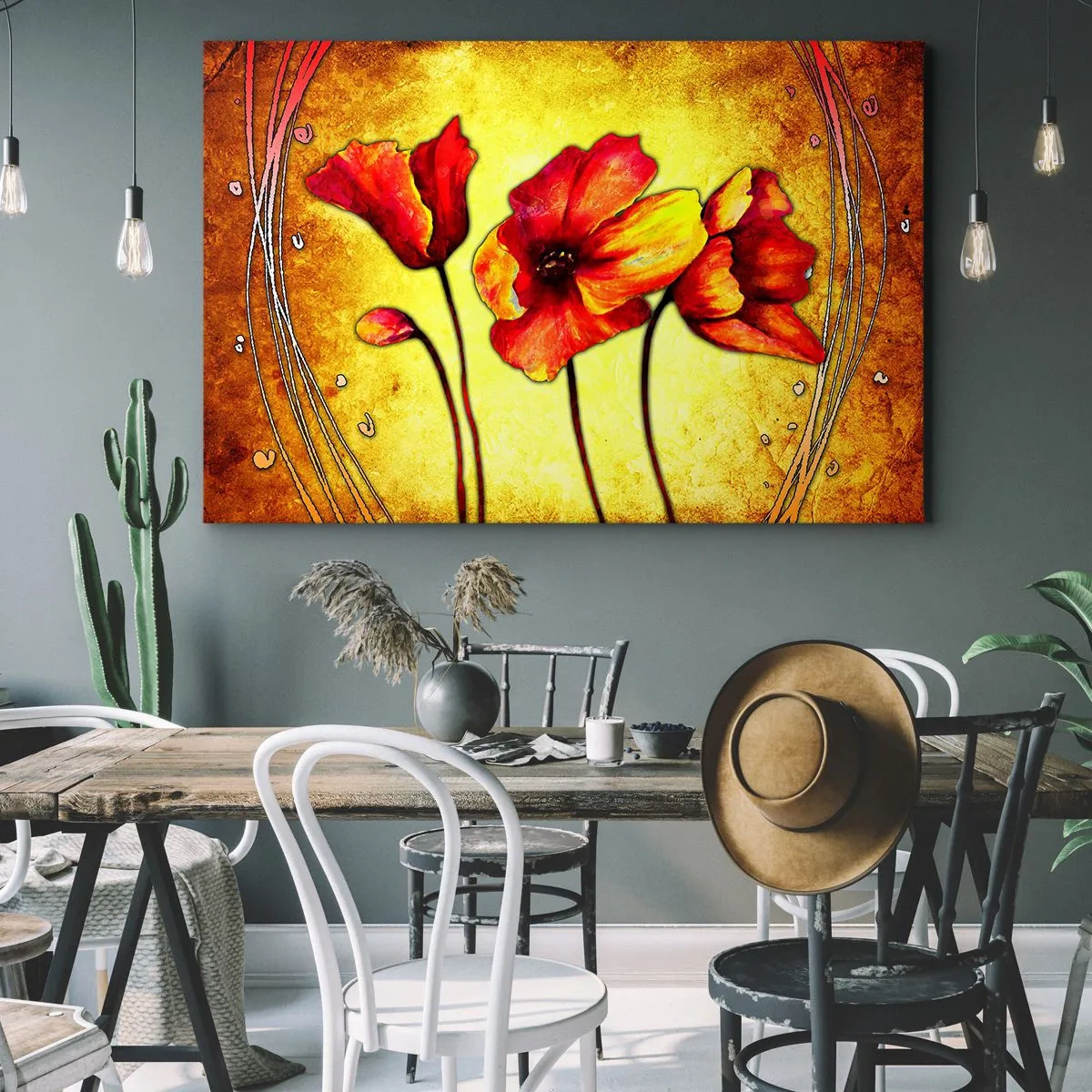 Quadro em tela - Flores vermelhas e amarelas sobre fundo dourado com padrões decorativos - 70x50cm - Decoração da secessão  - Decoração de parede moderna para a sala de estar e quarto ARTTOR