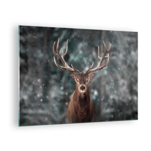 Quadro em vidro - Um cervo orgulhoso em uma floresta de inverno em meio à neve caindo - 70x50cm - O rei coroado da floresta  - Decoração de parede moderna para a sala de estar e quarto ARTTOR