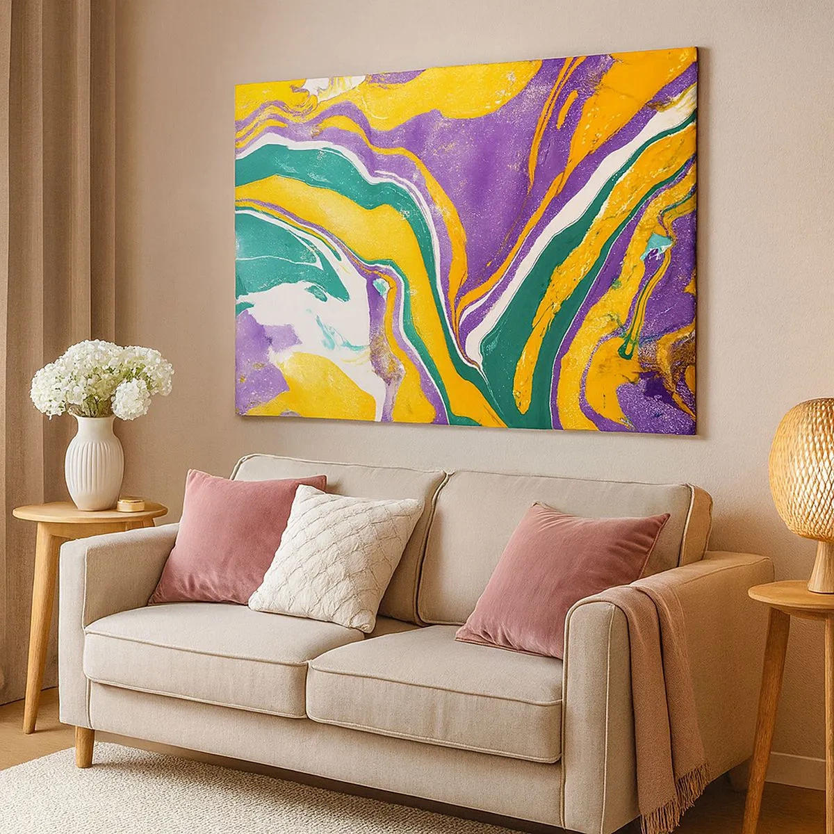 Quadro em tela - Padrão abstrato de mármore em cores vivas - 70x50cm - Ondas de cor - Decoração de parede moderna para a sala de estar e quarto ARTTOR