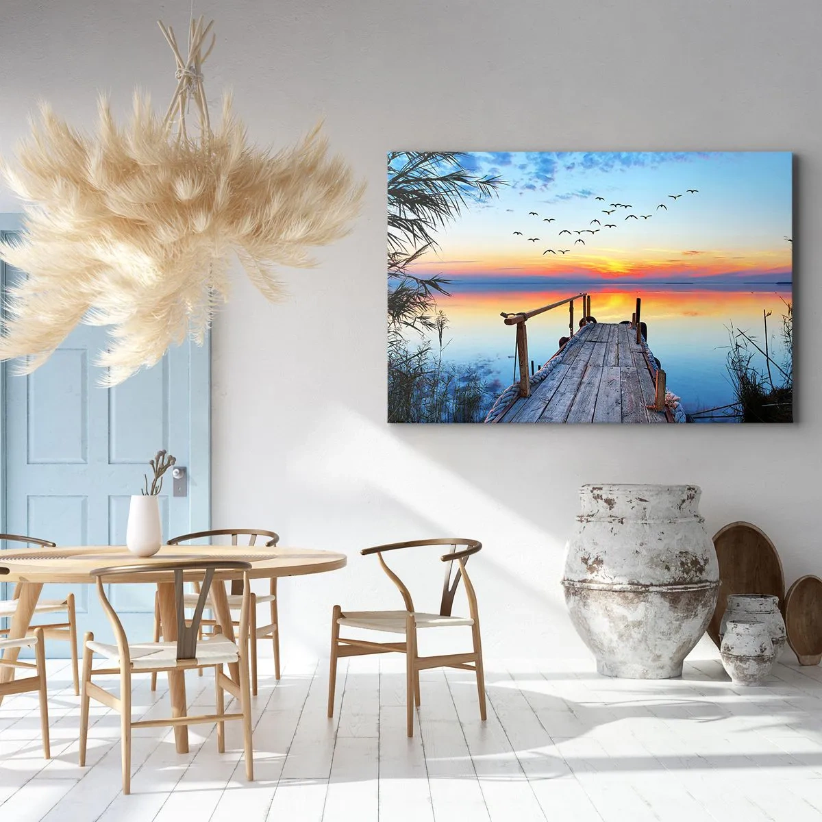 Quadro em tela - Cais de madeira sobre o lago ao pôr do sol - 70x50cm - É hora de voltar... - Decoração de parede moderna para a sala de estar e quarto ARTTOR