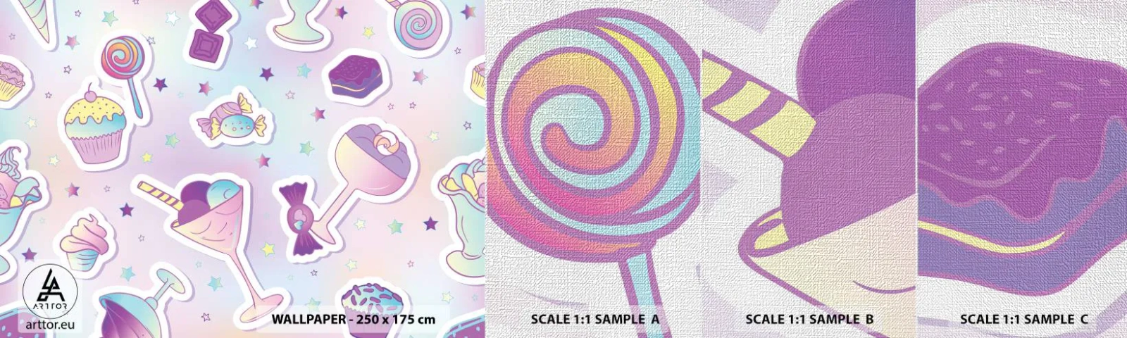 Amostra de papel de parede Premium Canvas - Tenha um aniversário todos os dias - Para crianças, Doce, Pirulito - 100x30 cm