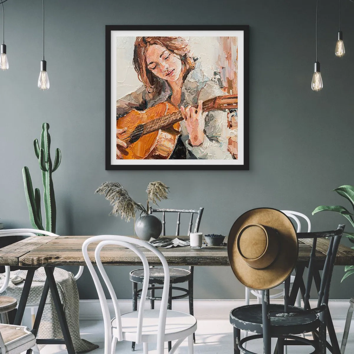 Pôster com moldura preta - Concerto de violão e coração de rapariga - 40x40 cm