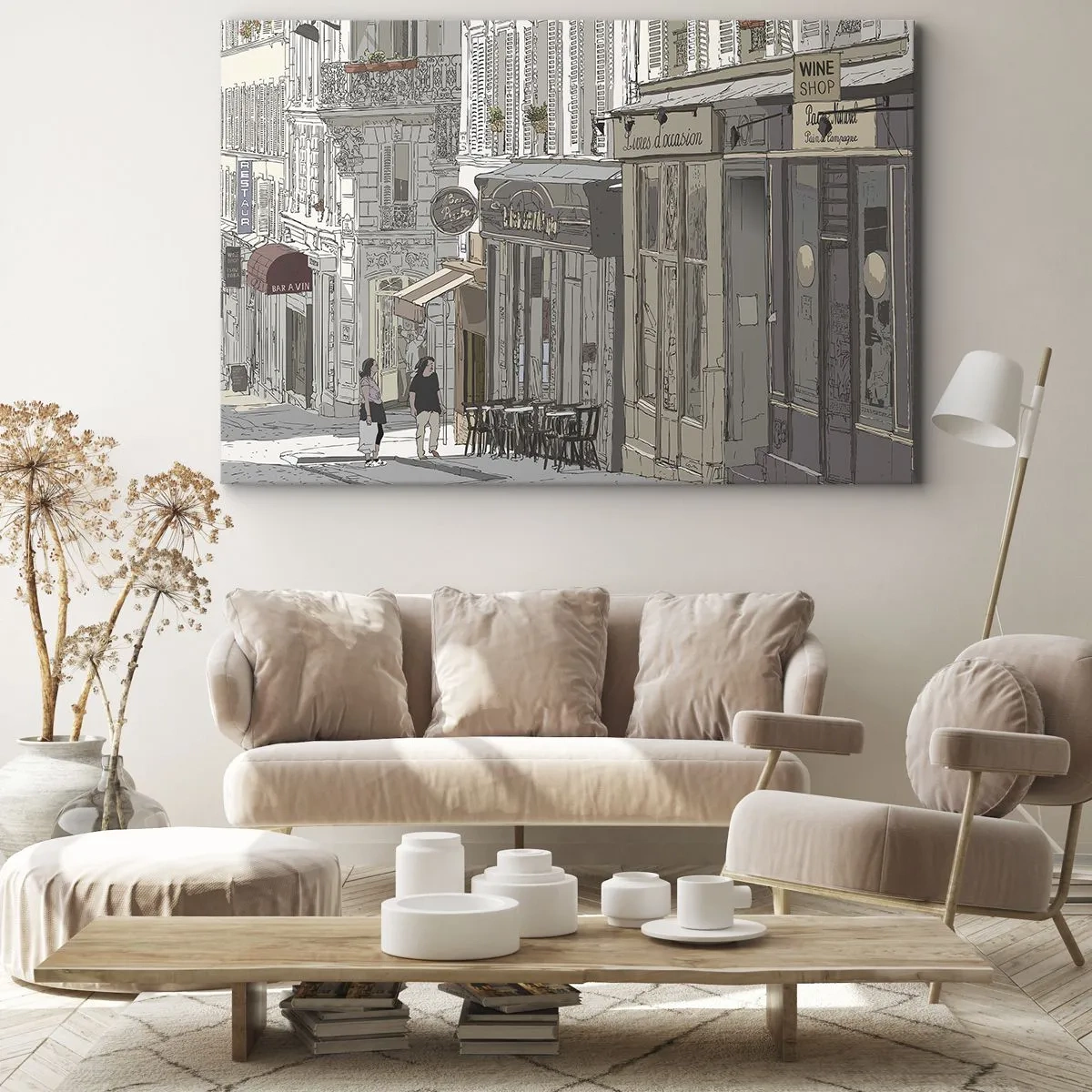 Quadro em tela - Ilustração de uma rua da cidade com cafés e lojas - 70x50cm - Alegrias urbanas - Decoração de parede moderna para a sala de estar e quarto ARTTOR