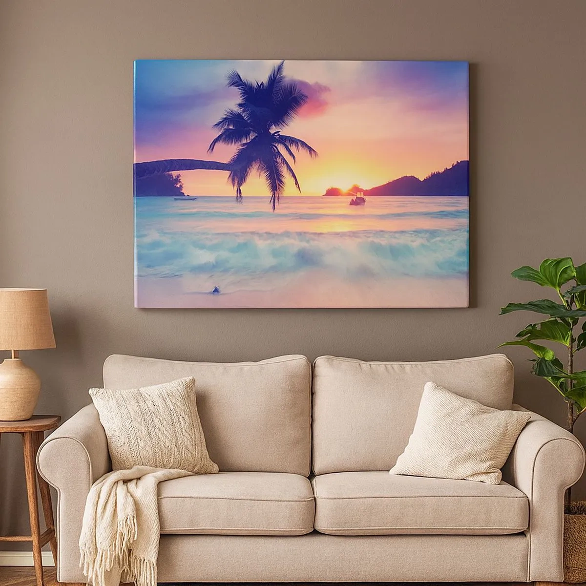 Quadro em tela - Praia com palmeira e pôr do sol sobre o oceano - 70x50cm - Noite na baía - Decoração de parede moderna para a sala de estar e quarto ARTTOR
