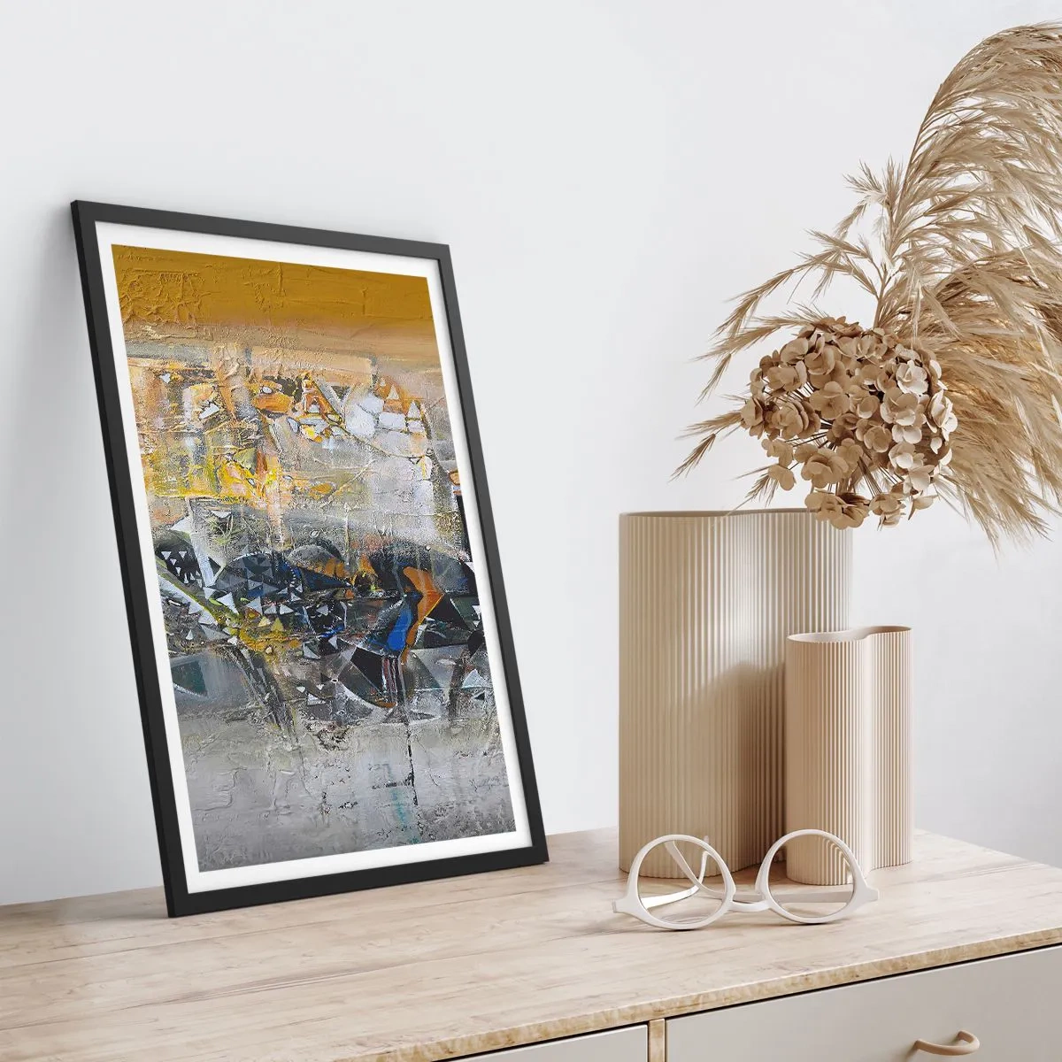 Pôster com moldura preta - Uma composição abstrata em tons de dourado e cinza. - 50x70cm - Tudo vai se encaixar - Decoração de parede moderna para a sala de estar e quarto ARTTOR