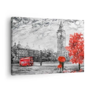 Quadro em tela - Vista icônica de Londres com o Big Ben, um ônibus vermelho e um guarda-chuva - 70x50cm - Um dia emocionante - Decoração de parede moderna para a sala de estar e quarto ARTTOR